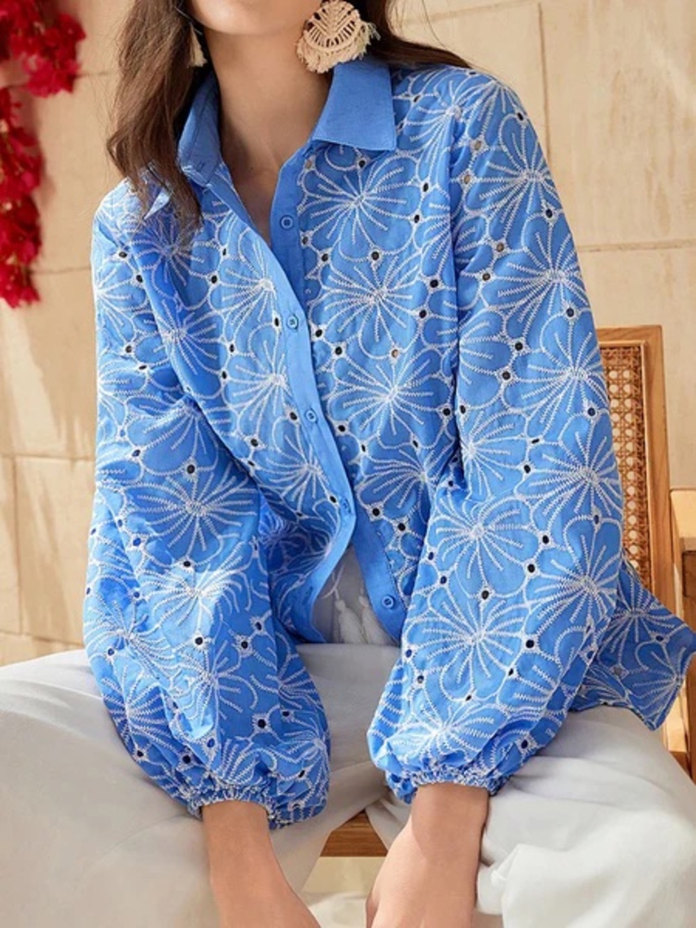 * Cato Floral Embroidered Cotton Blouse Blue Long Sleeve Women’s Size L
